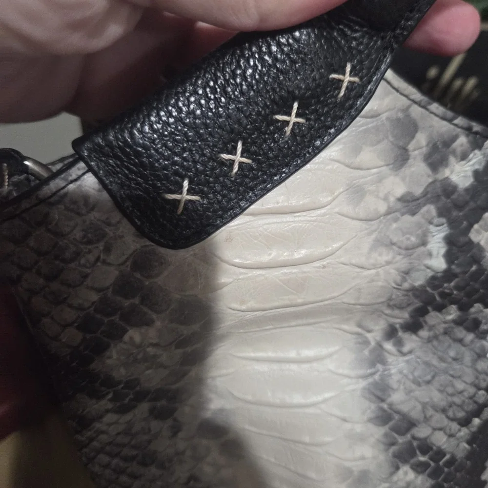 Isabella Adams Gray Black Python Print Leather Satchel Handbag Whipstitch Zip...